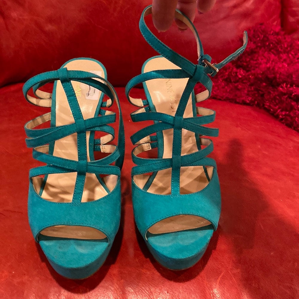 Teal platforms with ankle straps